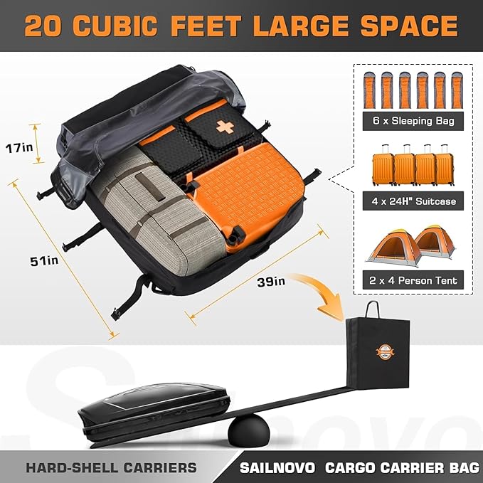 Sailnovo Car Rooftop Cargo Carrier Bag Waterproof 20 Cubic Feet for Top of Vehicle with/Without Roof Rack Car Top Carrier with 6 Door Hooks, Reinforced Straps & Storage Bag 1000D