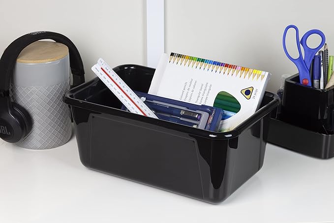 Storex Small Cubby Bins – Plastic Storage Containers for Classroom with Non-Snap Lid, 12.2 x 7.8 x 5.1 inches, Black, 5-Pack 