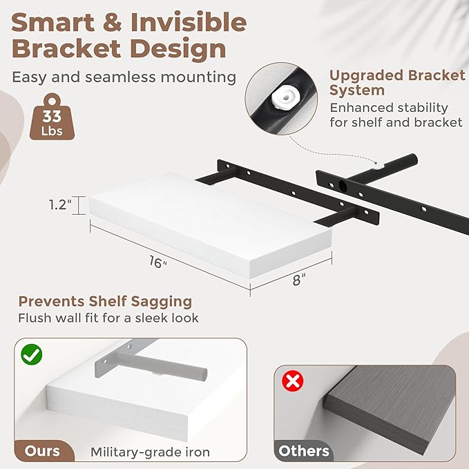 16 Inch Floating Shelves for Wall Set of 2, 8"D Wood Grain Bathroom Shelves with Invisible Brackets, Easy Install Engineered 