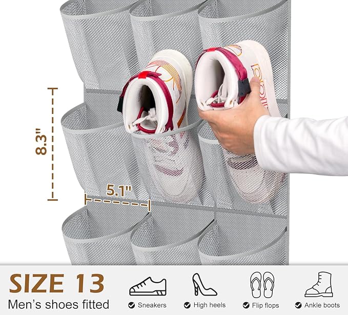 MISSLO 30 Large Pockets Dual Sided Hanging Shoe Organizer for Closet with Rotating Hanger Hanging Shoe Shelves, Grey