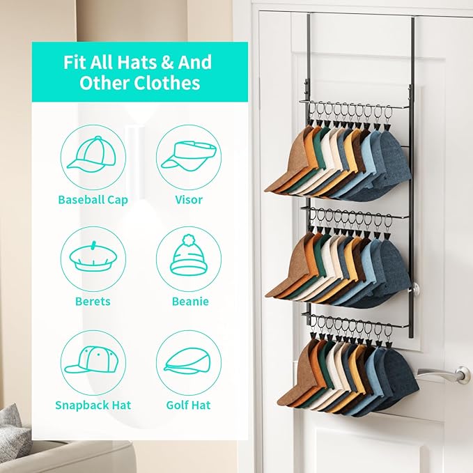 HapiRm Over Door Hat Rack - 3 Tier Wall Mounted Hat Organizer with 30 Movable Clips, Baseball Cap Organizer Storage Holds up 