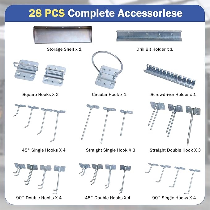 Goplus Garage Pegboard, Metal Pegboard Tool Organizer Kit with 3 Pegboards & 28 PCs Hanging Accessories, Heavy Duty Wall Orga