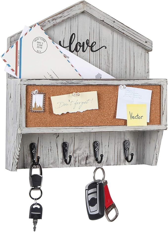 J JACKCUBE DESIGN Wall Mounted Rustic White Wash Mail and Key Holder, Wooden Floating Organizer with Mail Storage, 4 Key Hold