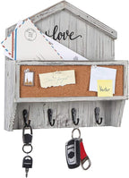 J JACKCUBE DESIGN Wall Mounted Rustic White Wash Mail and Key Holder, Wooden Floating Organizer with Mail Storage, 4 Key Hold