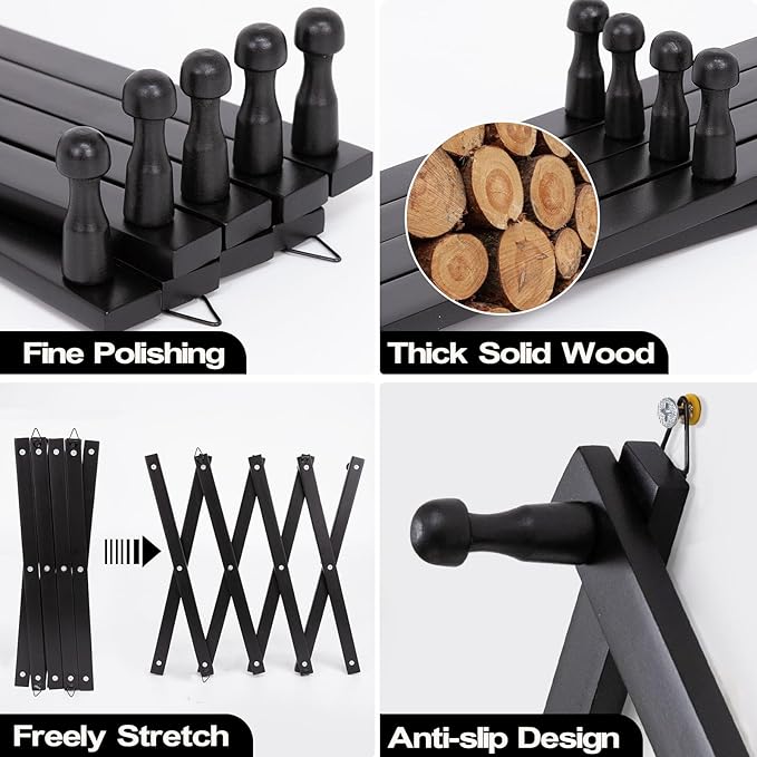 SCUNDA Wall Rack with 14 Hooks, Wooden Wall Expandable Coat Rack for Coat, Hats, Baseball Caps, Coffee Mug, Jewelry(Black)