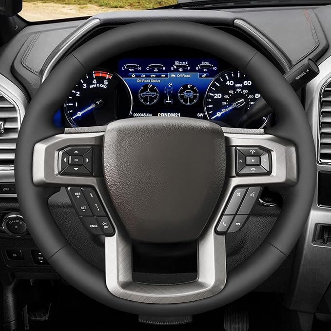 MEWANT Hand Stitch Black Smooth Genuine Leather Steering Wheel Cover for Ford F150 F250 F350 Expedition 2018-2021
