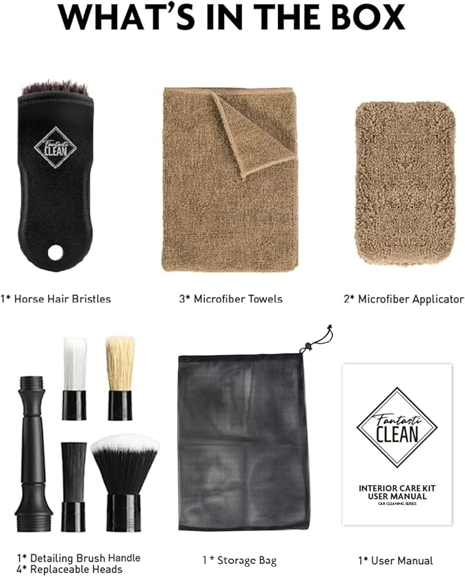 Fantasticlean 9PCS Car Interior Detailing Set, Microfiber Cloth & Applicator, Double-Head Detailing Brushes, Natural Bristles