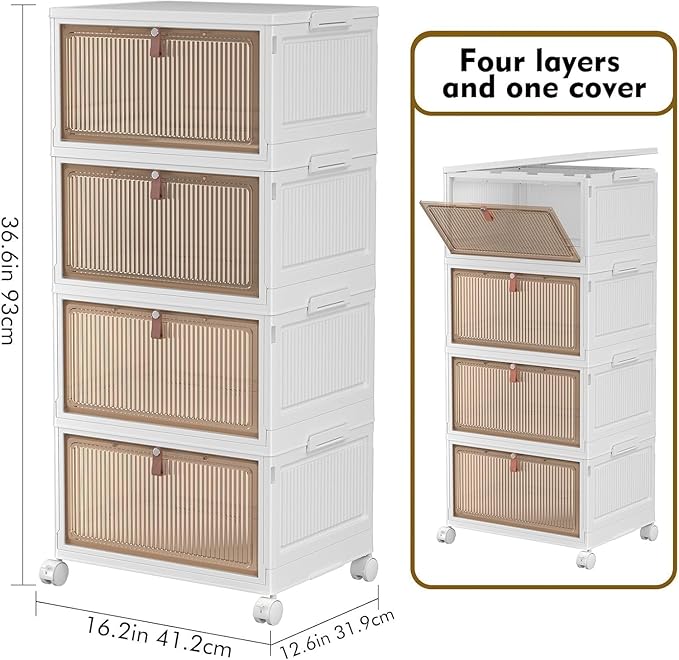 YFXCVSL 4 Tier Plastic Storage Bins with Lid 28QT - Stackable Storage Containers with Wheels, Folding Storage Boxes, Collapsi
