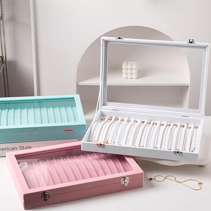 Frebeauty 15 Hooks Necklace Tray,Neckalce Organizer with Clear Lid,Velvet Necklace Holder Box,Jewelry Organizer for Pendants 
