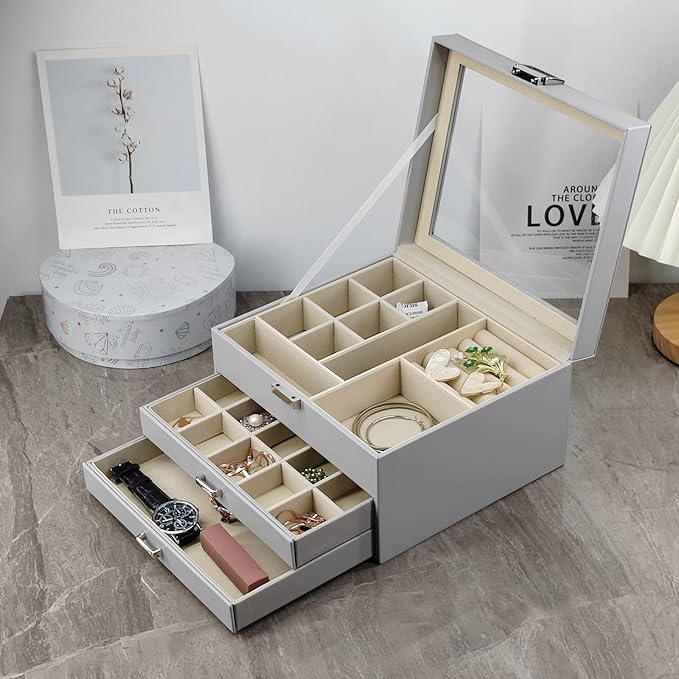 BOOVO Clear Lid Jewelry Box,3 Layers Jewelry Organizer Large Multi-Functional Jewelry Storage Box with 2 Drawers,Jewelry Disp