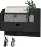 Nekon Key and Mail Holder for Wall, Key Organizer with 5 Hooks & Storage Drawer, 11" W x 7.9" H x 3.1" D Wooden Key Rack for 