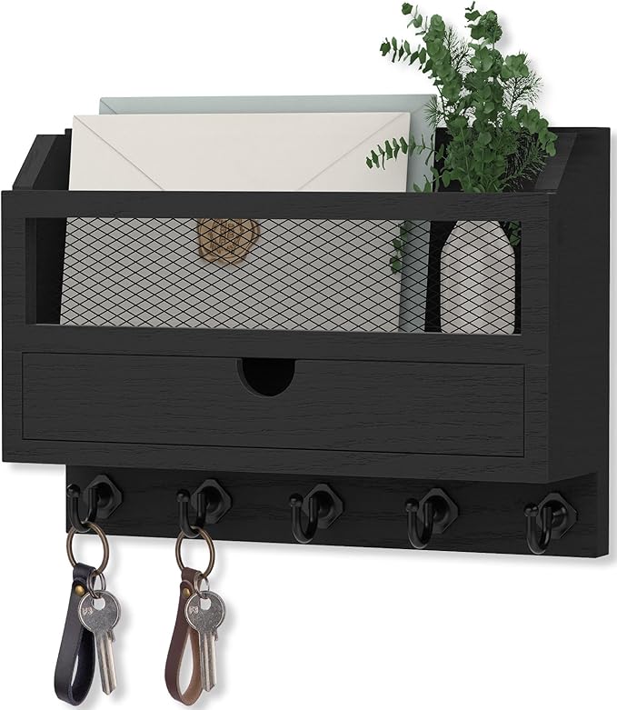 Nekon Key and Mail Holder for Wall, Key Organizer with 5 Hooks & Storage Drawer, 11" W x 7.9" H x 3.1" D Wooden Key Rack for 
