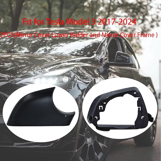 Fits For Tesla Model 3 Right Passenger Side Wing Mirror Cover and Mirror Frame Set Rearview Lower Holder Tray Cap Housing 2017-2024(right side black)