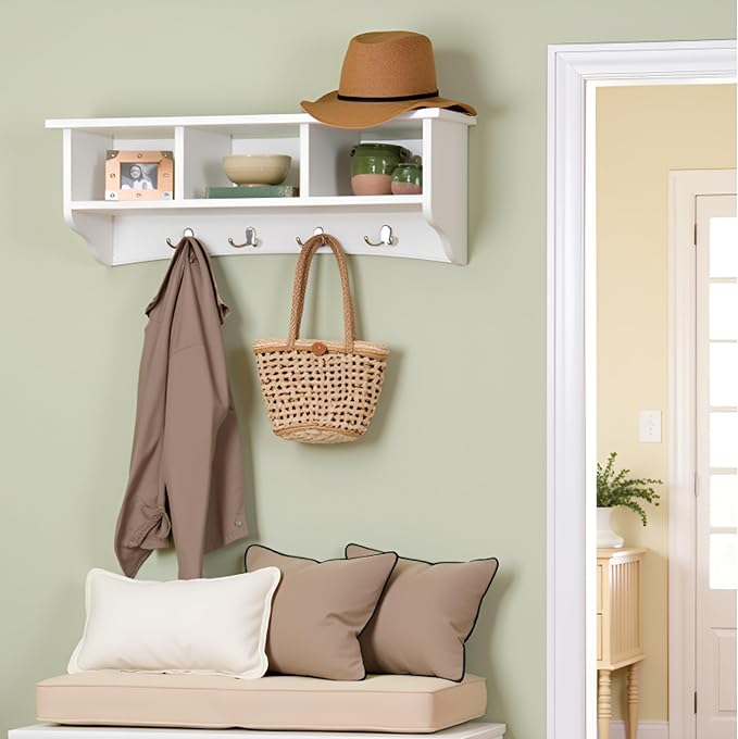 Shaker Cottage 36-Inch Wall-Mounted Coat Rack with 3 Open Shelves – Transitional Entryway Organizer, Mudroom Storage Shelf wi