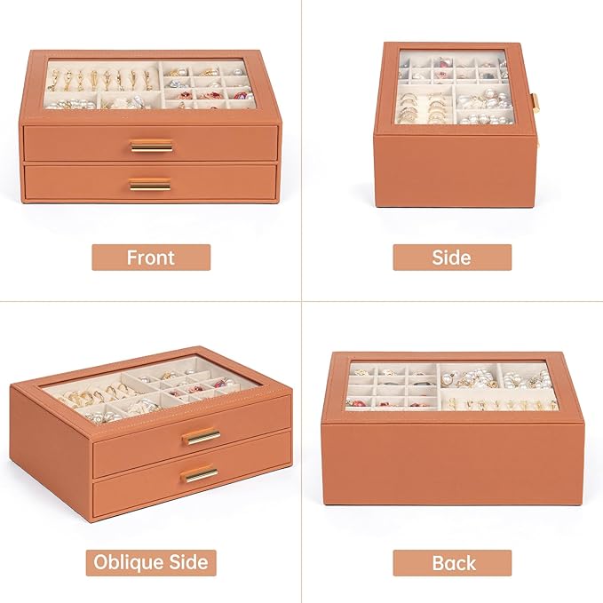 AKOZLIN Jewelry Box with Clear Lid Functional Leather Jewelry Storage Organizer Case 2 Drawers for Women Girls Necklace Ring 