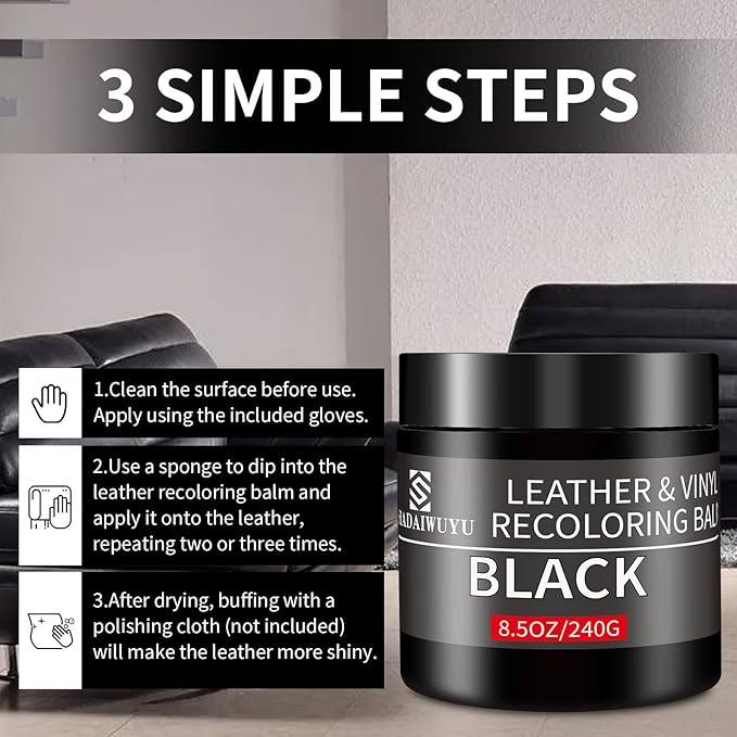 Leather Recoloring Balm,8.5oz Leather Color Restorer,Black Leather Repair kit for Furniture and Car Interior,Leather Couch Sc