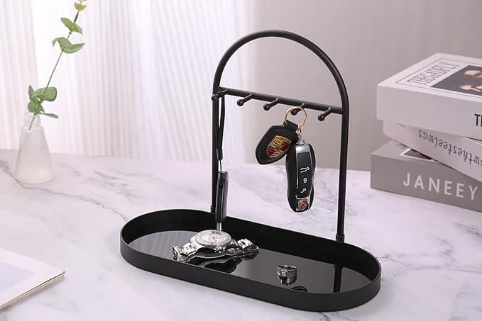 Shinpuru Metal Jewelry Organizer Stand & Key Holder Tray with Acrylic Base, Key Stand and Jewelry Tray with 5 Hooks, Perfect 