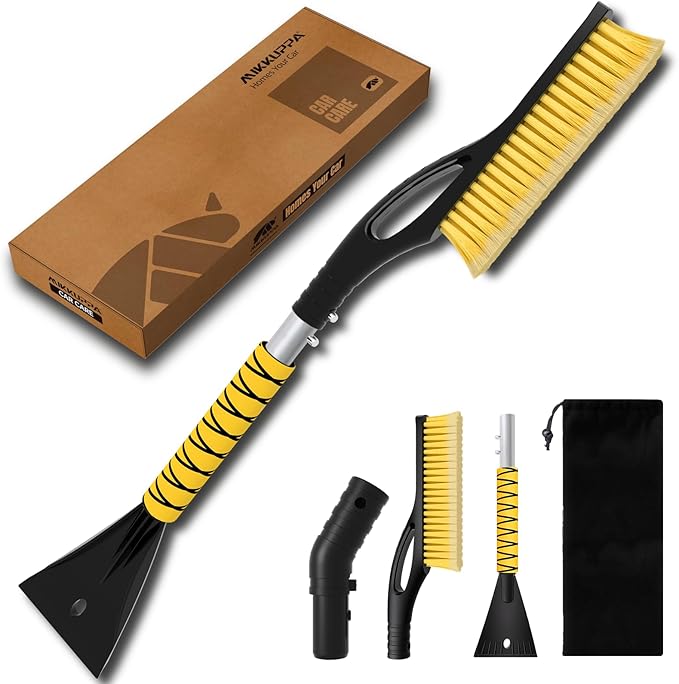 MIKKUPPA 27'' Snow Brush and Ice Scrapers for Car Windshield - Detachable Windshield Scraper, Snow Removal Tool with Curved Connector & Ergonomic Foam Grip for Cars, Trucks, SUVs (Yellow)