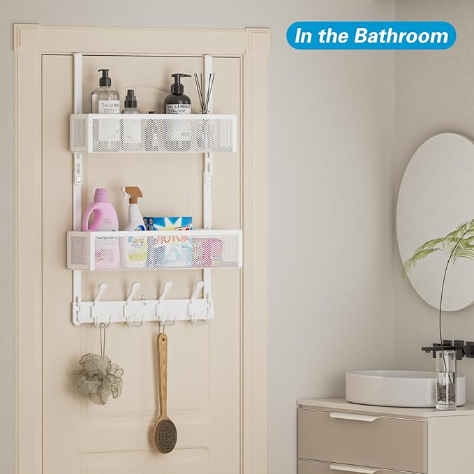 Over The Door Hooks Organizer, Door Hanger Towel Rack with 2 Baskets, Adjustable Over The Door Coat Rack, Back of Door Storag