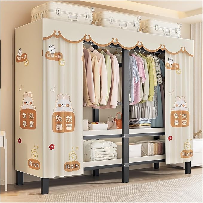 Portable Foldable Wardrobe Closet with Cover, 1200lbs Garment Rack for Hanging Clothes, Enclosed Coat Storage Organizer with 