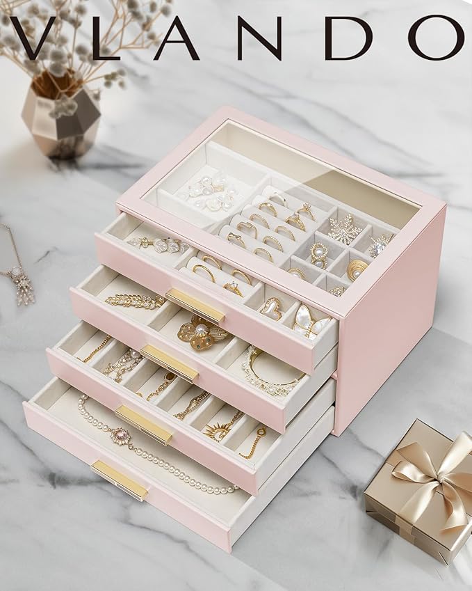 Vlando 4 Layer Jewelry Box for Women, Glass Lid Jewelry Organizer with 4 Drawers for Necklaces Rings Earrings Bracelets - Dar