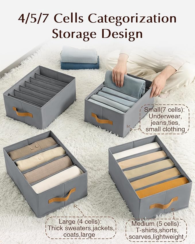 Homsorout Clothes Organizers and Storage - 4/5/7 Grids Fabric Jeans Organizer with Handles, Foldable Closet Organizers Divide