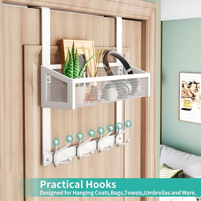 HapiRm Over The Door Hanger - Over The Door Hooks with Mesh Basket and 16 Hooks, 304 Stainless Steel Storage Organizer for Ba