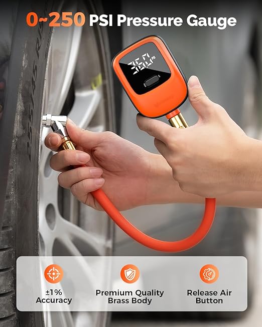 ETENWOLF T600 Digital Tire Pressure Gauge 0-250 PSI, ANSI B40.7 2A Grade High Precision(Plus-Minus 1%),Tire Gauge for Tire Pressure with Rubber Hose, Replaceable AA Batteries