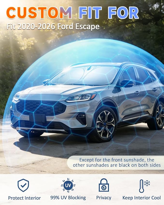 Sun Shades for Ford Escape 2020-2026 Windshield Sunshade Accessories Full Window Shades for Escape Front Rear Side Window Covers Fixed with Inserts Sun Visor Blocker Privacy Car Keep Car Cool 8 PCS