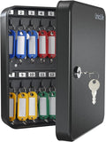 Uniclife Steel Key Cabinet Wall Mounted Organizer - 28 Keys, 2 Unlocking Keys - Black Frosted Security Box with Hooks and Col