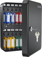 Uniclife Steel Key Cabinet Wall Mounted Organizer - 28 Keys, 2 Unlocking Keys - Black Frosted Security Box with Hooks and Col