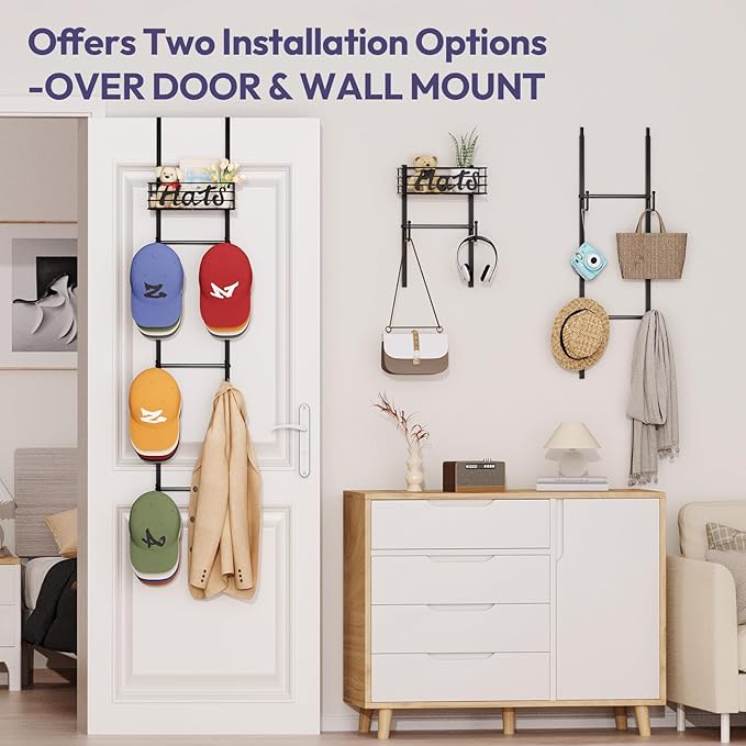 SWTYMIKI Over Door Hat Organizer - Wall Mounted Hat Rack with 6 Hooks and Metal Basket Design, Hanging Baseball Cap Organizer