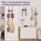 SWTYMIKI Over Door Hat Organizer - Wall Mounted Hat Rack with 6 Hooks and Metal Basket Design, Hanging Baseball Cap Organizer