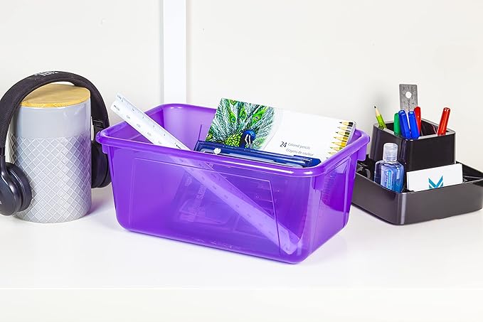 Storex Small Cubby Bins – Plastic Storage Containers for Classroom with Non-Snap Lid, 12.2 x 7.8 x 5.1 inches, Tint Violet, 5