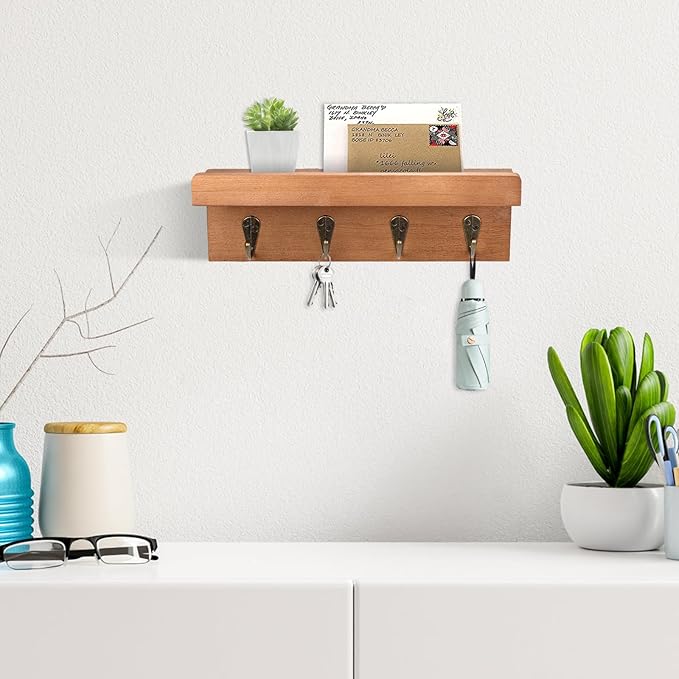 HRONRAD Rustic Key Holder for Wall, Farmhouse Wall Shelf with 4 Hooks, Wall Mounted Key Racks, Wooden Mail Organizer with Hoo
