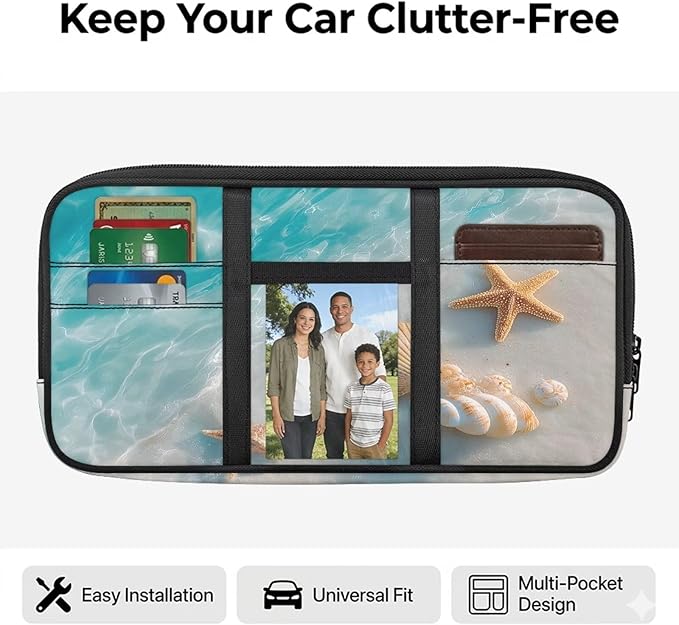Beach Seashells Sun Visor Organizer for Trucks,Scratch-Resistant Car Accessories with Zipper Visor Storage Pouch Tactical Panel Universal Fit for SUV Pickup