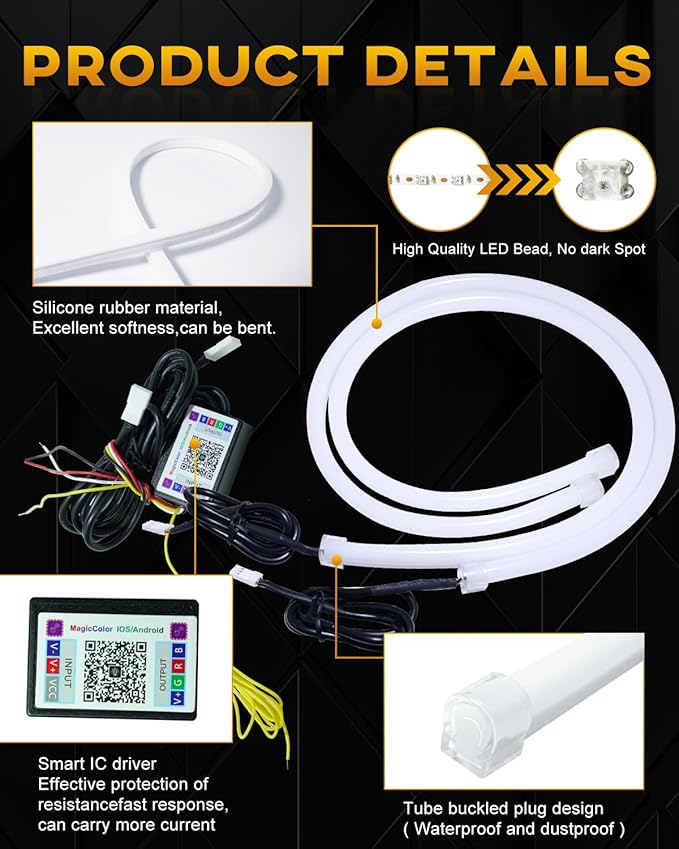 Sequential Switchback DRL Led Strip Light for Car SUV Motorcycle, 24Inch RGB Multi Color 12V LED Daytime Running Light, Flexible LED Tube Turn Signal Lights APP Bluetooth Control 2-Pack