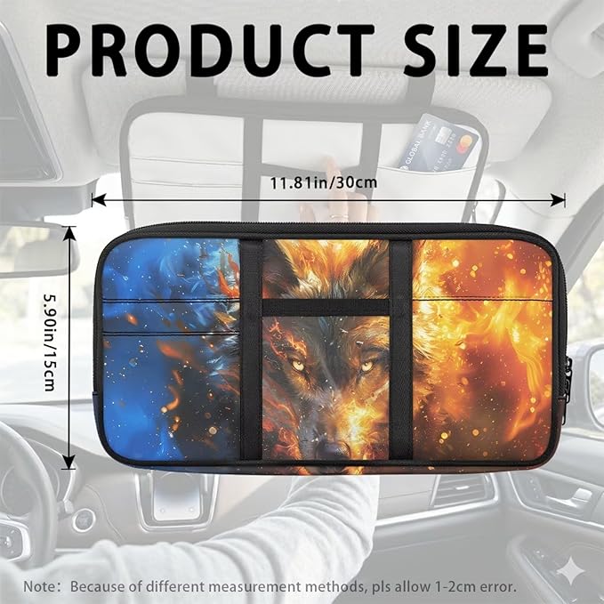 Wolf Print Car Sun Visor Organizer Multi-Pocket Sun Visor Storage Bag Auto Interior Accessories Visor Organizer Storage Pouch for ID Card