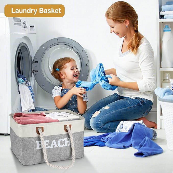 Lukeline Beach Towel Storage Bin and Organizer, Beach Bag Collapsible Storage Basket for Organizing, Large Storage Box with R