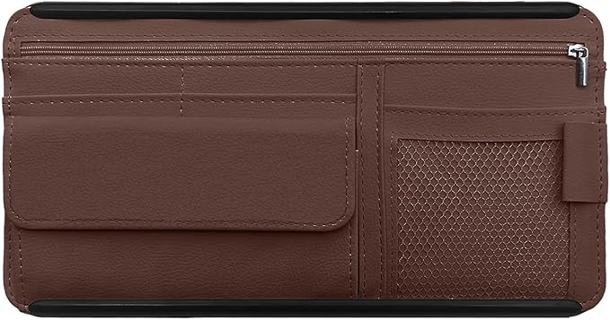 Car Sun Visor Storage Bag, Soft Leather Surface Organizer, Scratch-Resistant Auto Sunshade Organizer Bag, Can Store ID Card, Eyeglasses, Pen, Driving License etc (Brown)