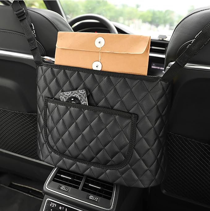 Car Purse Holder - Durable Leather Seat Back Organizer with Handbag Holder, Front Seat Storage Barrier, Backseat Pet & Kids Driver Storage Netting Pouch