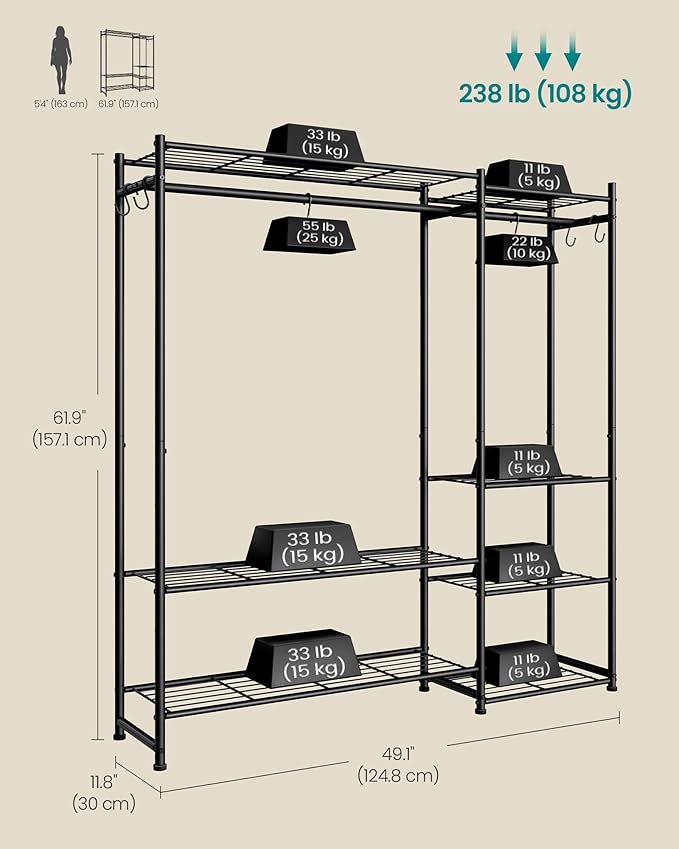 SONGMICS Portable Closet Wardrobe, Clothes Rack, Closet Organizers and Storage, Freestanding Clothing Rack with 7 Shelves, 2 