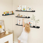 Fun Memories Picture Ledge Shelf, Black Floating Shelves Set of 4, 24 Inch Picture Shelves for Wall with Ledge, Large Nursery