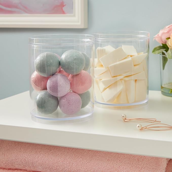 STORi Bella Tall Scrunchie Holder | Stackable Clear Plastic Container (Set of 2) Round Vanity Storage Organizers with Lids fo