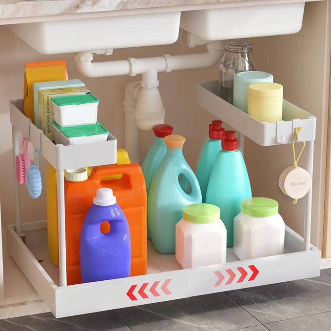 Expandable Under Sink Organizers and Storage,Width Adjustable (14.9-23.6IN),No Drill 2-Tier Pull Out Under Cabinet Organizer 