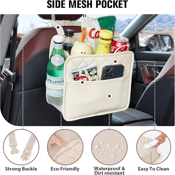 LXUNYI Back Seat Car Organizer, Large Car Seat Organizer with Cup Holders Multifunctional Over the Car Seat Organizer Backseat Hanging Leather Car Seat Organizers and Storage Bags(Beige 1Pack)