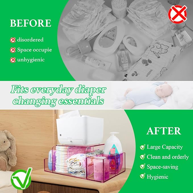 NANYEZH Acrylic Diaper Caddy, Baby Wipes Organizer for Changing Table, Dresser Top Tabletop Organizer with 4 Detachable Compa