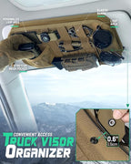 LIVANS Tactical Car Sun Visor Organizer, Automotive Semi-Rigid MOLLE Panel with Zipper Storage Pouch & Glasses Clip, Universal Fit for Trucks, SUVs, Jeeps & Patrol Vehicles (Khaki)