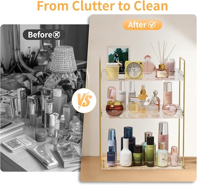 Bathroom Countertop Organizer, 3 Tier Acrylic Tray Vanity Counter Skincare Organizer Shelf, Kitchen Under Sink Standing Rack,
