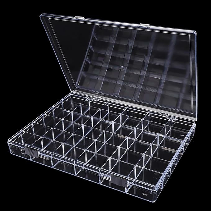 Noverlife 36 Grids Clear Plastic Jewelry Organizer Box, Nail Charm Holder Double Buckle Bead Organizer Storage Container Box,